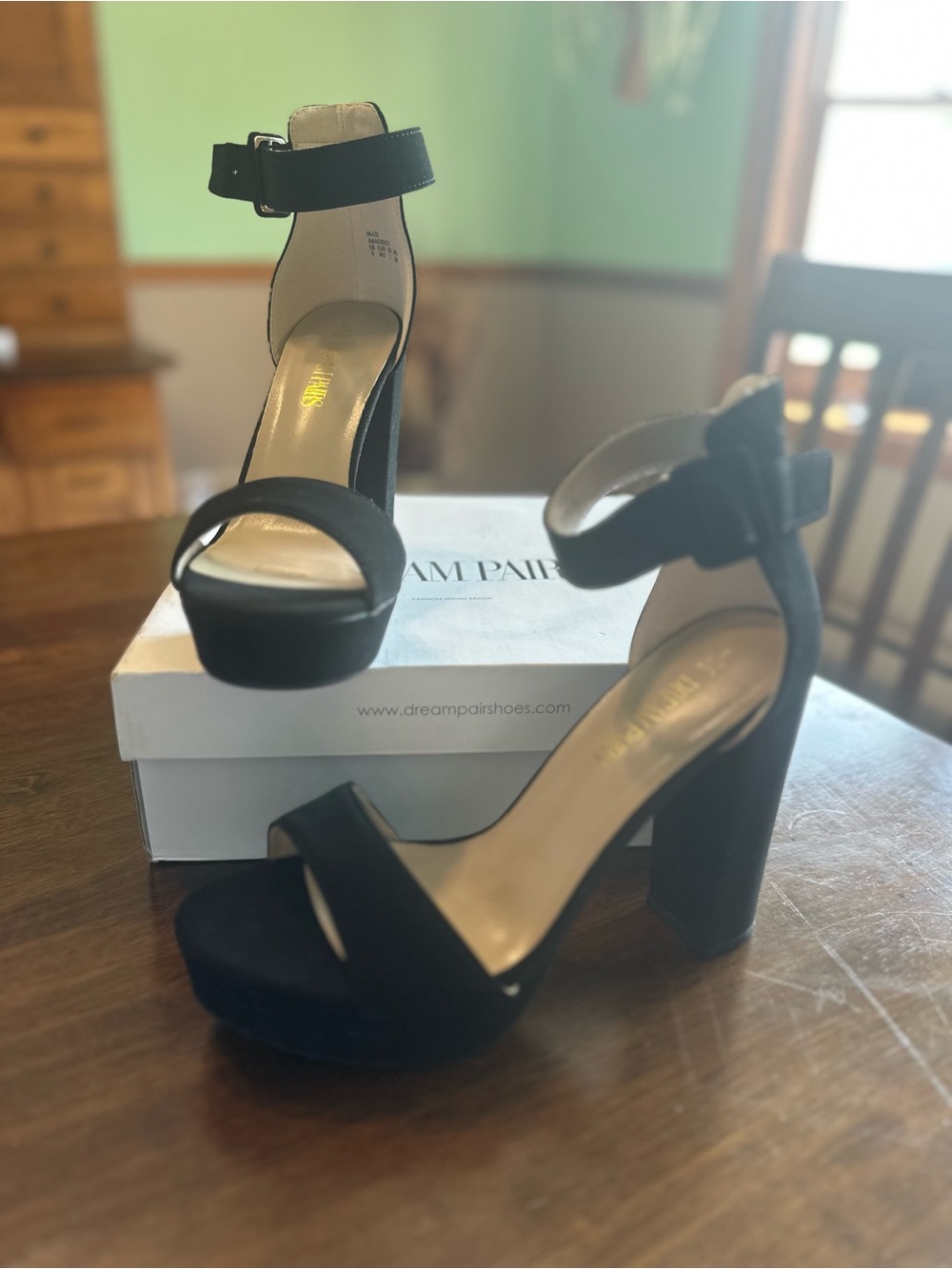 Dream Pairs Black Suede Ankle-Strap Block Platform Heels
